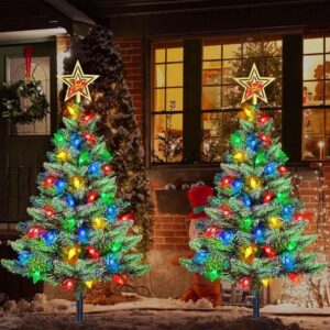 Enhanced Set of two Photo voltaic-Powered Christmas Timber, Outside Vacation Decorations, Prelit Xmas Timber with 100 Multi-Colour C6 LED String Lights for Entrance Yard and Porch Show