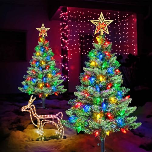 Enhanced Set of two Photo voltaic-Powered Christmas Timber, Outside Vacation Decorations, Prelit Xmas Timber with 100 Multi-Colour C6 LED String Lights for Entrance Yard and Porch Show