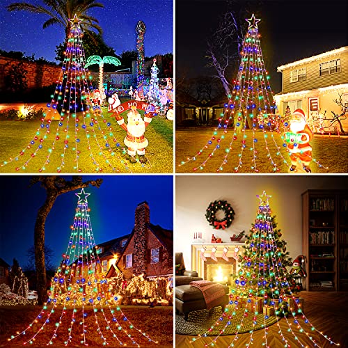 FUNIAO New Christmas Outside Lights - 320 LED Waterfall String Lights with 8 Mild Modes and 12" Star Tree Topper for Yard, Weddings, and Events