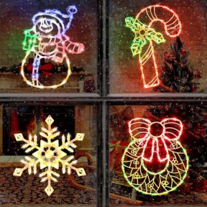 Set of 4 Christmas Window Silhouette Mild Decorations – Contains Illuminated Wreath, Sweet Cane, Snowflakes, and Snowman for Indoor and Out of doors Vacation Shows