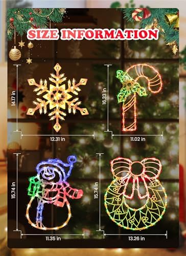 Set of 4 Christmas Window Silhouette Mild Decorations - Contains Illuminated Wreath, Sweet Cane, Snowflakes, and Snowman for Indoor and Out of doors Vacation Shows