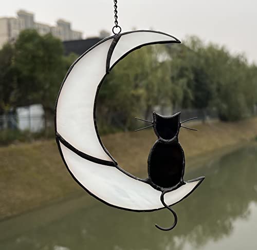 Stained Glass Suncatcher: Black Cat Design on White Moon - Window Hanging Ornament for Halloween, Memorial Present for Cat Lovers