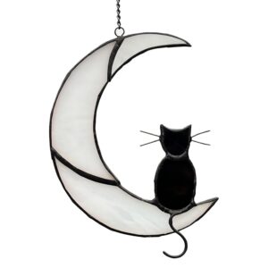 Stained Glass Suncatcher: Black Cat Design on White Moon – Window Hanging Ornament for Halloween, Memorial Present for Cat Lovers